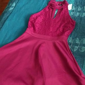 As U Wish Burgundy Lace Halter Skater Dress Sz S